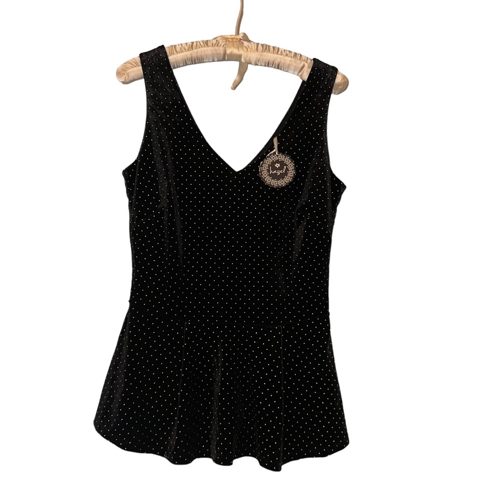 Hazel Boutique Black Velvet Peplum Blouse with Gold Metallic Embellishments